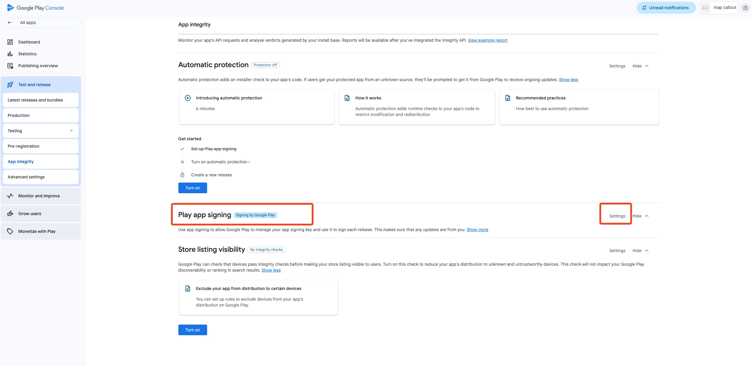 Find App signing section
