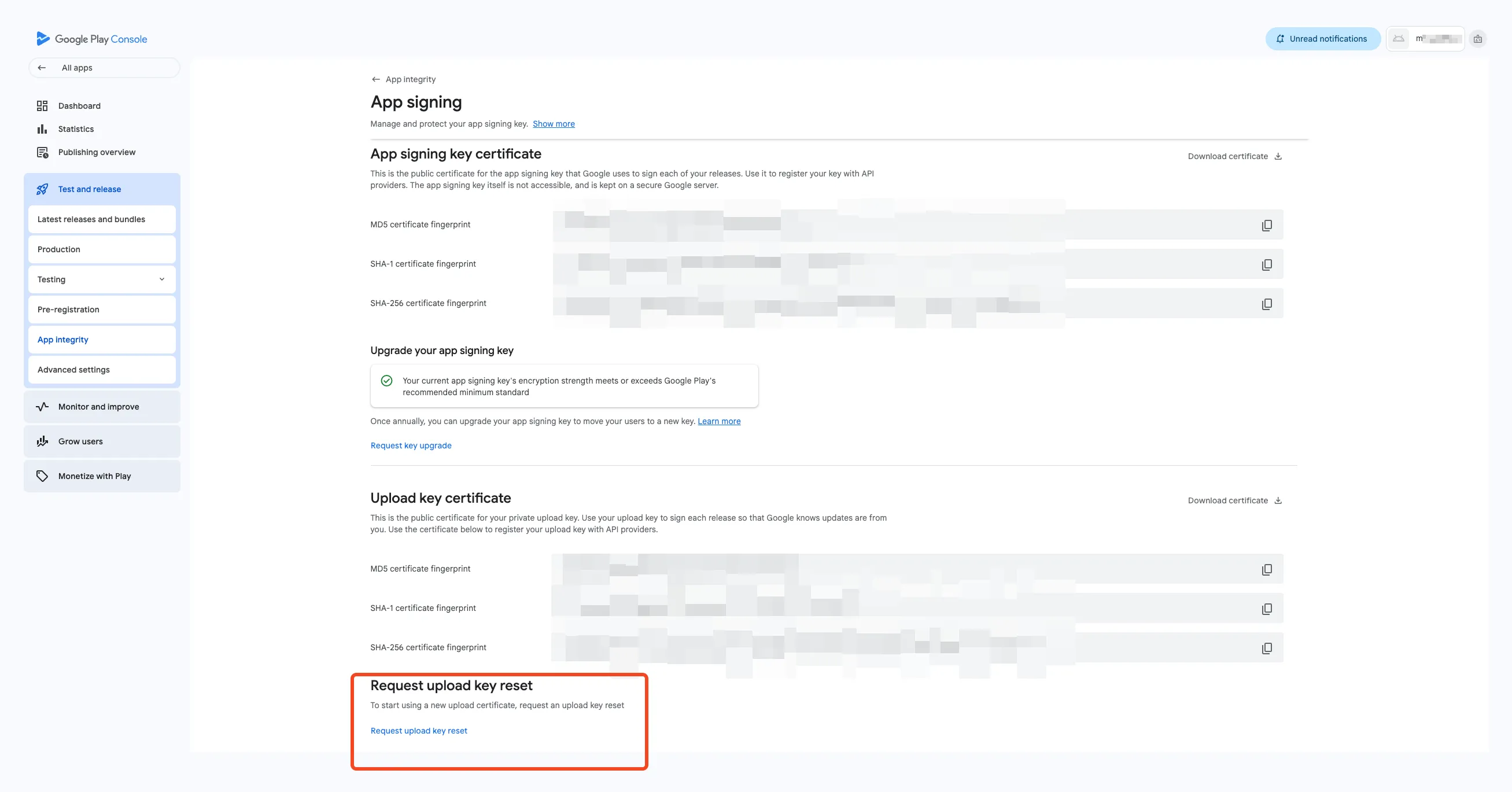 Request upload key reset / replacement