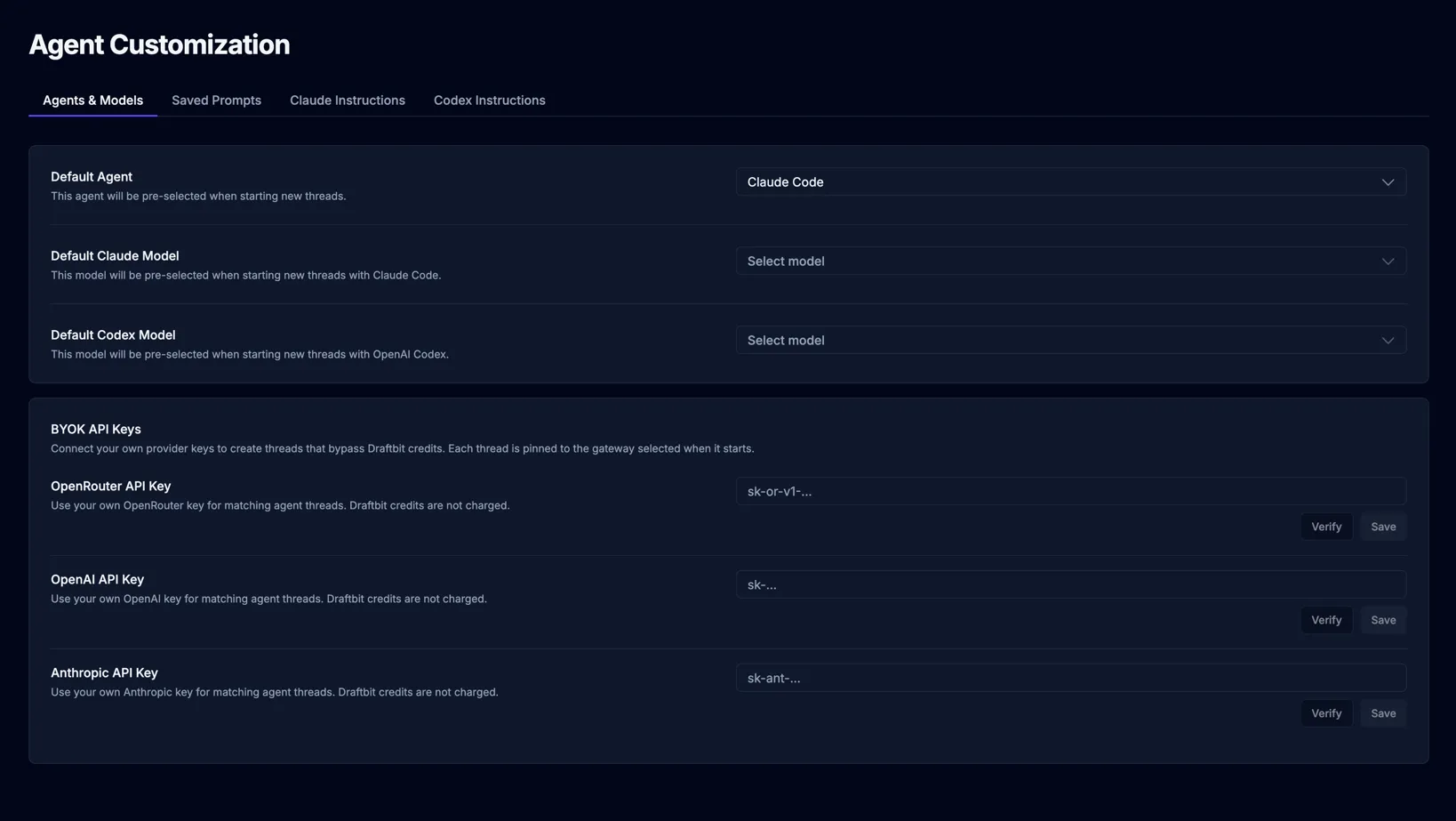 Agent BYOK settings