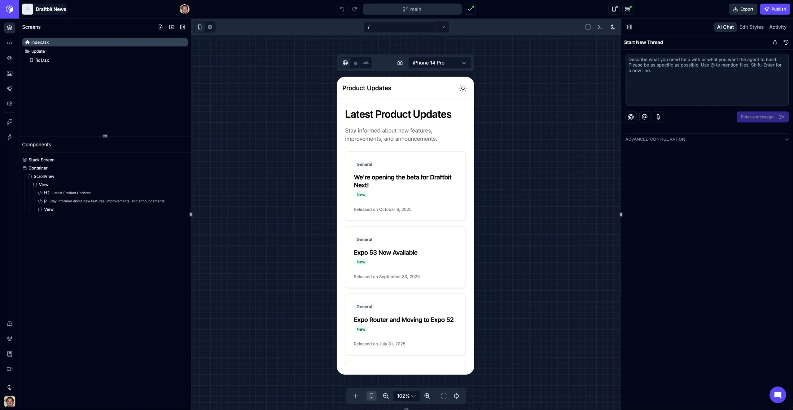 Left Menu Bar of the Builder