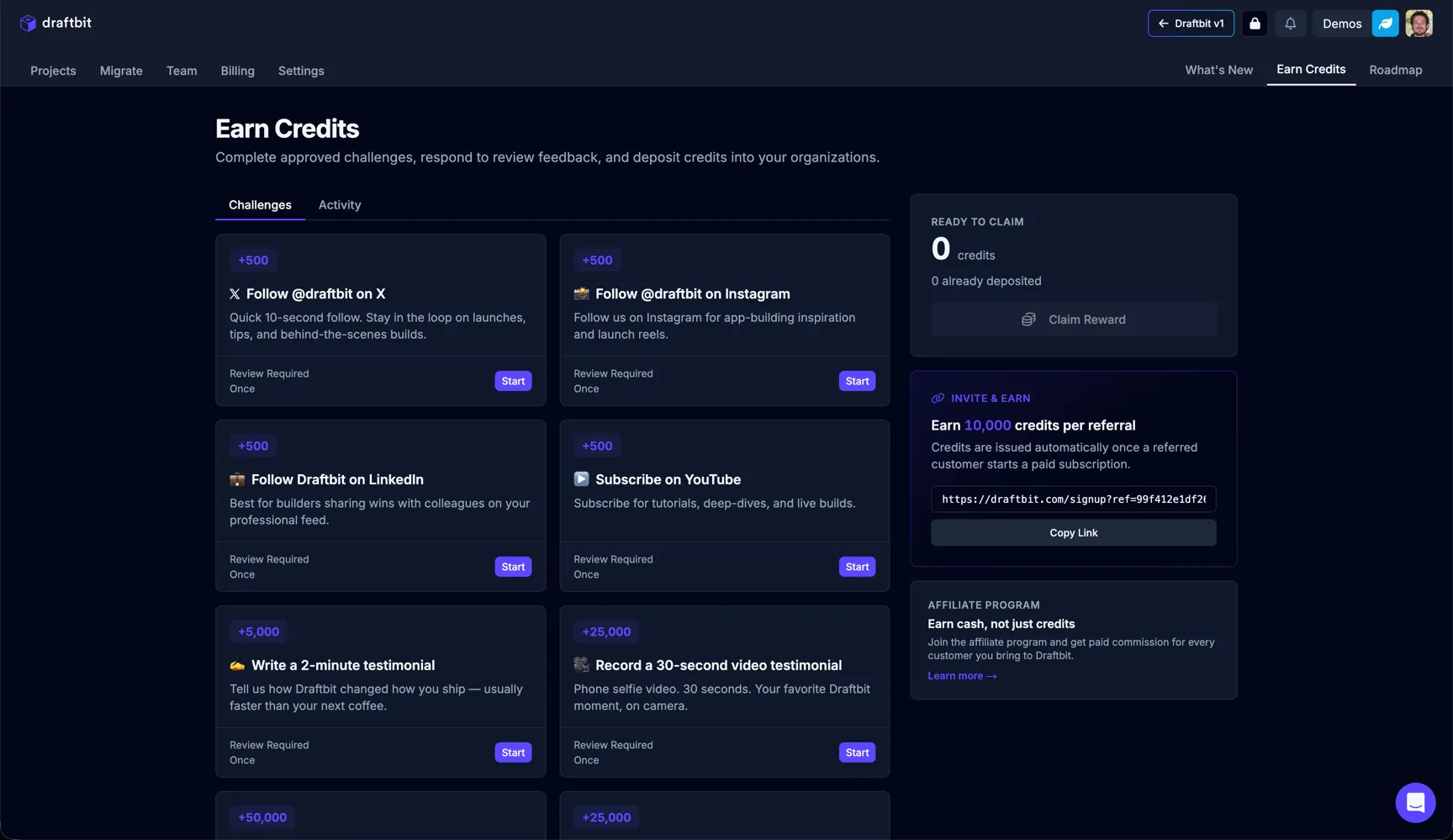 Earn Credits page